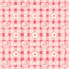 Cute Pink Pattern With Kittens, Hearts, Flowers, and Gingham Background