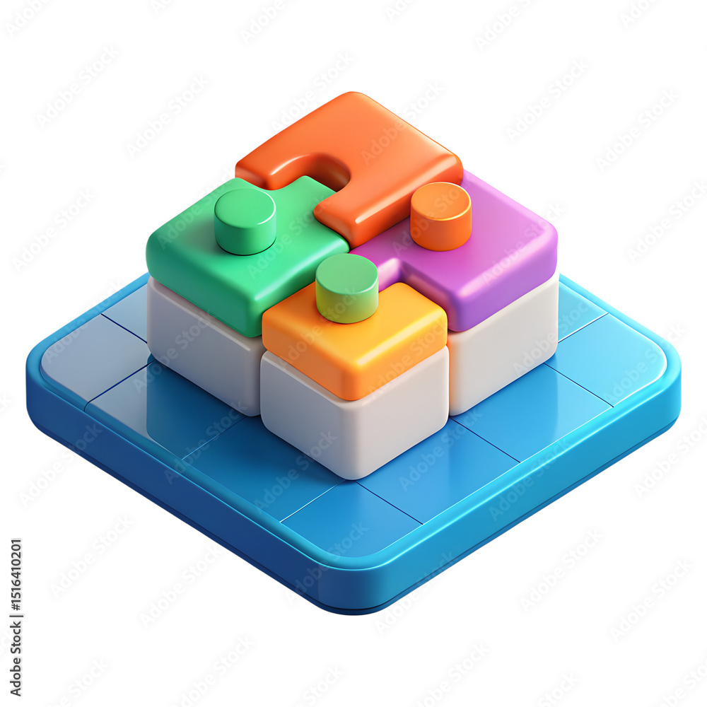 Poster colorful 3d isometric puzzle assembled creative concept strategy and problem solving isolated