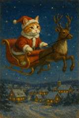 Fantasy painting of orange and white cat dressed as Santa flying in sleigh with reindeer over snowy village at night – Generative AI