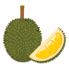 Whole and Sliced Durian Fruit with Spiky Exterior and Creamy Yellow Flesh on White Background