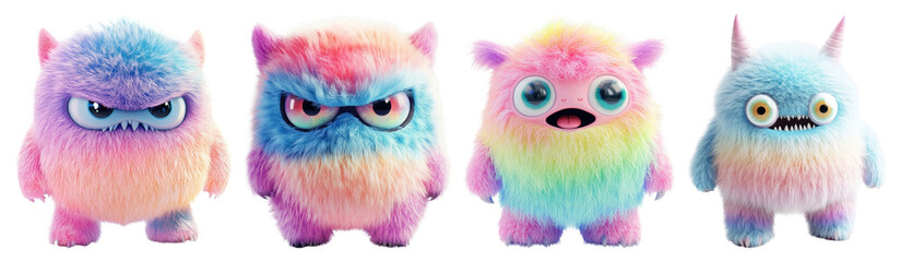 Fototapeta premium PNG Colorful fluffy cartoon creatures, element set on transparent background
