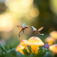Fantasy Dragonflies over Glowing Mushrooms
