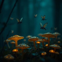 Enchanting Glow Fantasy Dragonflies and Luminous Mushrooms in a Dark Forest.