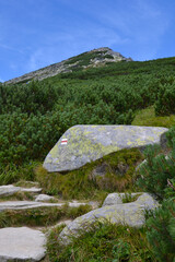 Views from the trekking route. Mountain hiking trail leading from Chata pod Soliskiem to Predne Solisko peak located in the Slovak High Tatras. Slovakia 