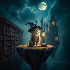 Magical Cat on a Moonlit Island
