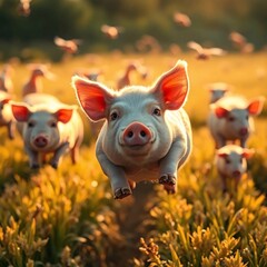 Piglet in Flight over Golden Field