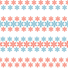 Four seamless borders with blue and pink flowers. Decorative floral elements.  Horizontal flower ornaments for textile, fabric, wrapping paper.