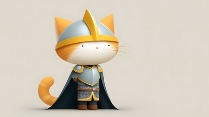 Adorable cat knight in golden helmet and cape