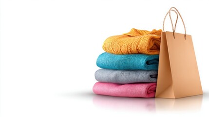 Stack of colorful sweaters next to a shopping bag