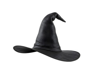 A spooky yet stylish black witch hat featuring a tall pointed crown, a long tail, and a wide brim with a classic decorative buckle—perfectly isolated on a transparent PNG background for Halloween cost