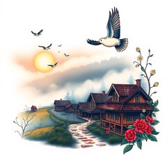 Serene Village at Sunrise.