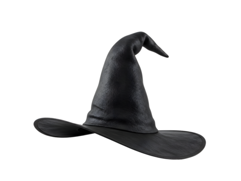A spooky yet stylish black witch hat featuring a tall pointed crown, a long tail, and a wide brim with a classic decorative buckle—perfectly isolated on a transparent PNG background for Halloween cost