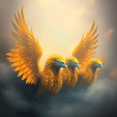 Three Golden Griffins in the Clouds