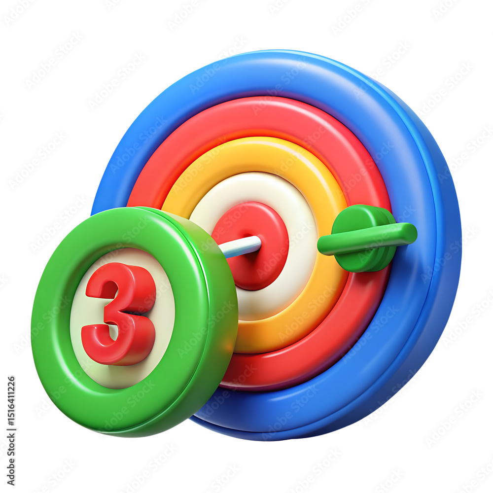 Poster colorful 3d rendering of a target with a number three on a green circle element and an arrow demonst