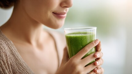 Woman enjoying a green smoothie