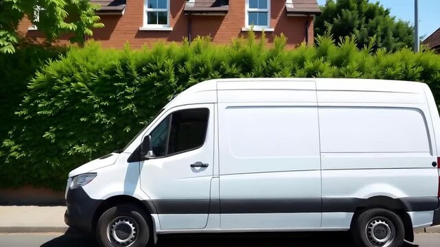 Home delivery represented by a white van parked on the street in front of a brick house