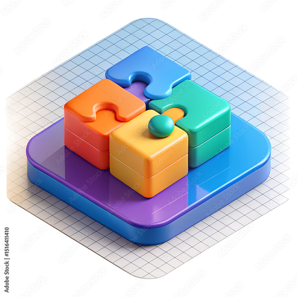 Poster colorful 3d rendering of puzzle pieces arranged in a plastic-style icon representing connection and 
