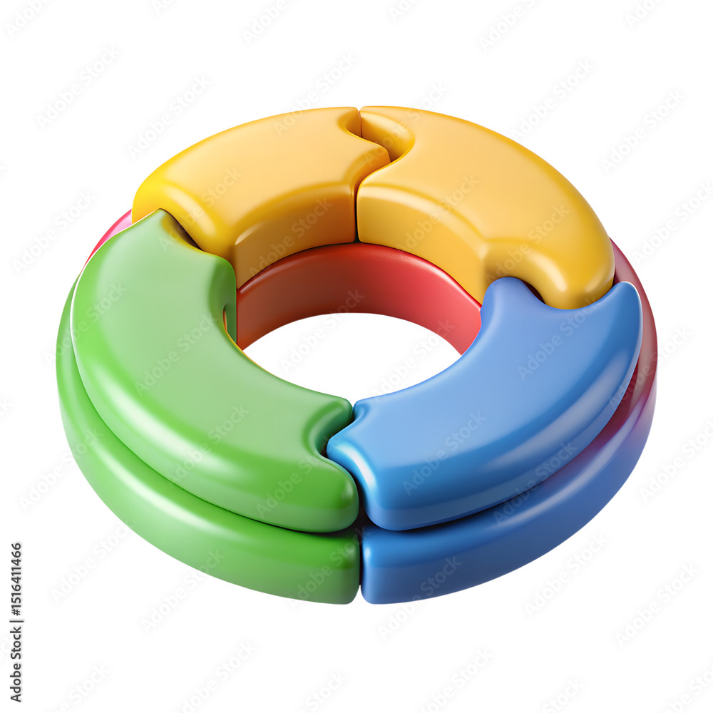 Poster colorful circular puzzle pieces assembled together demonstrating teamwork and business related conce