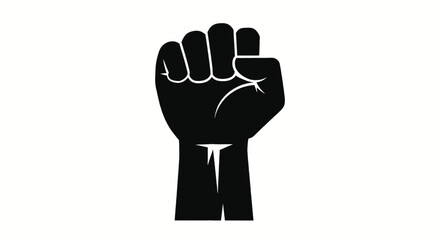 Obraz premium A striking black fist raised against a white backdrop, representing defiance and unity.