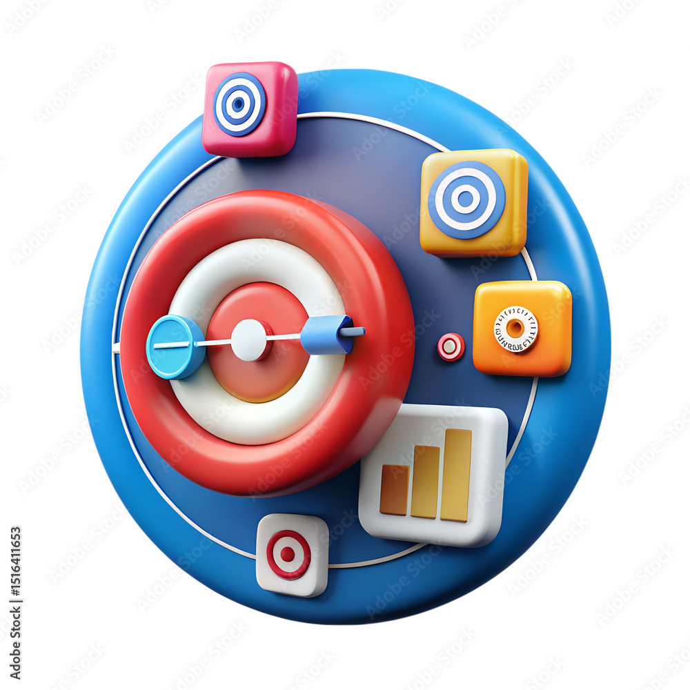 Poster conceptual 3d rendering of target board and icons displaying success and business goal achievement o