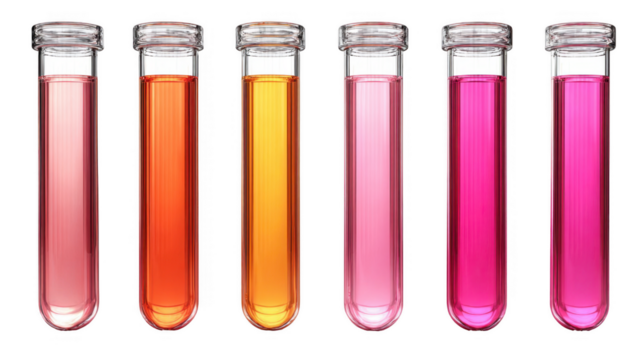Five test tubes filled with liquids creating a gradient from clear to orange, yellow, light pink and neon pink on a transparent background, ideal for scientific or medical concepts