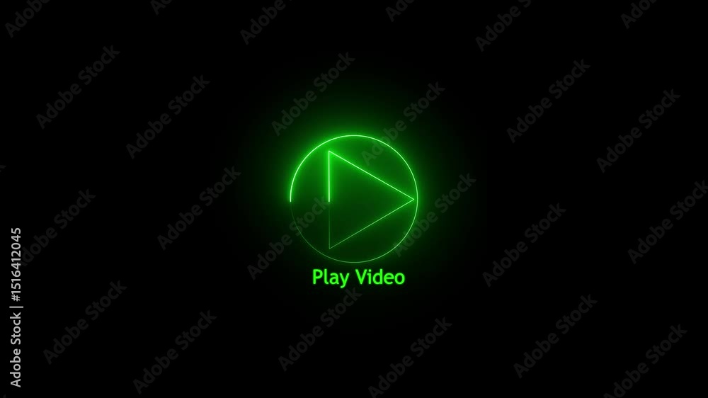 Poster neon glowing video green color circle play button icon digital screen animation. press to play start