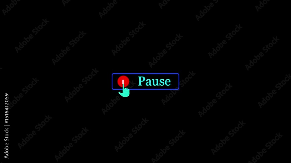 Poster glowing with cyan colored screen finger touching pause button play and stop pause or continue icon a