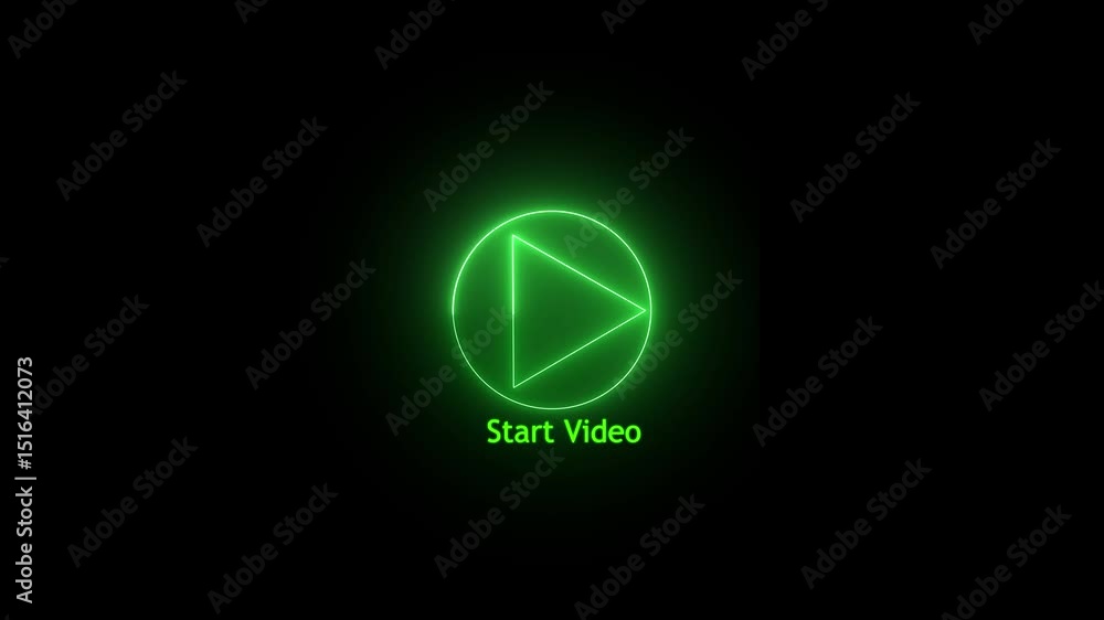 Poster neon glowing video green color circle play button icon digital screen animation. press to play start