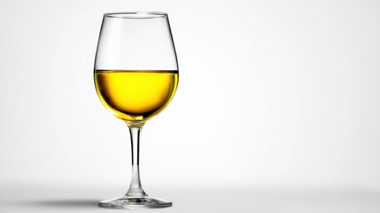 A glass of light yellow liquid against a plain background