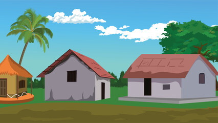 Cartoon Indian Village Scene with Clay and Mud Houses, Thatched Hut, Coconut Tree, Red Roof Homes, Greenery, Countryside Background, Rural Architecture, Farming Landscape, Flat Vector Illustration
