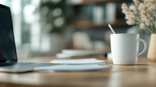 A serene workspace featuring a laptop, organized papers, and a textured coffee mug, perfect for reflecting productivity and comfort in a stylish environment.