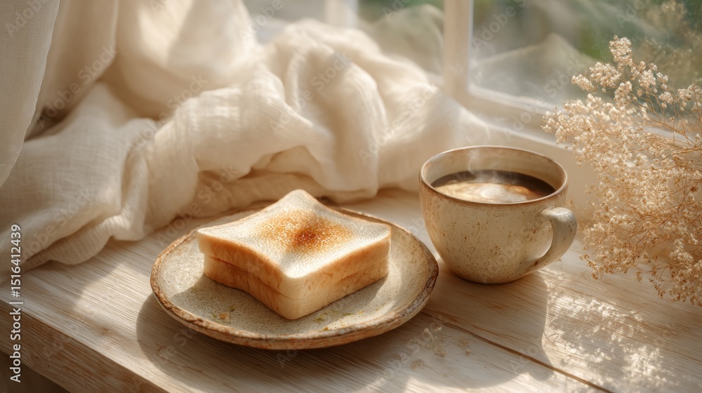 Poster warm sunlight bathes a cozy breakfast setting with toast and coffee, inviting a serene morning momen