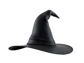 A spooky yet stylish black witch hat featuring a tall pointed crown, a long tail, and a wide brim with a classic decorative buckle—perfectly isolated on a transparent PNG background for Halloween cost