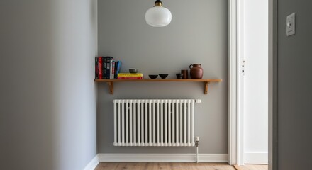 Modern hallway with wooden shelf and radiator in minimalist style  
