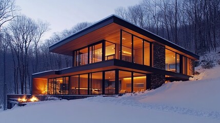 Cozy winter retreat a modern glass home nestled in a snowy forest warm light beckoning from within with a contemporary