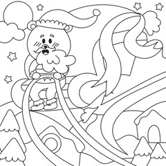 Christmas coloring page with santa bear delivering presents by flying sleigh