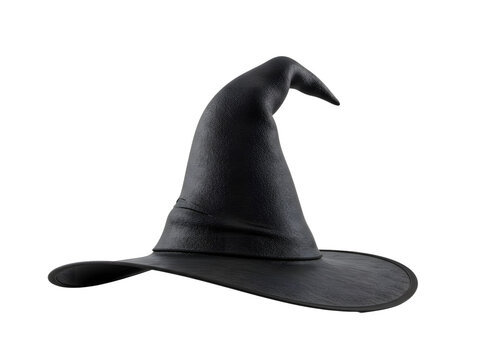 A spooky yet stylish black witch hat featuring a tall pointed crown, a long tail, and a wide brim with a classic decorative buckle—perfectly isolated on a transparent PNG background for Halloween cost - Powered by Adobe