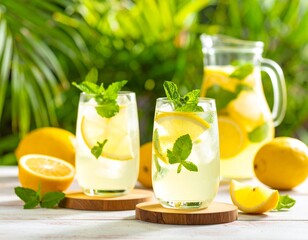 Fototapeta premium Two glasses of refreshing lemonade with mint sprigs and lemon slices sit on coasters beside a pitcher and fresh lemons, set against a tropical backdrop of palm leaves.