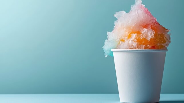 A vibrant snow cone filled with an array of colorful ice syrups sits alone, embodying joy and nostalgia of warm days, inviting a sense of fun and refreshment.