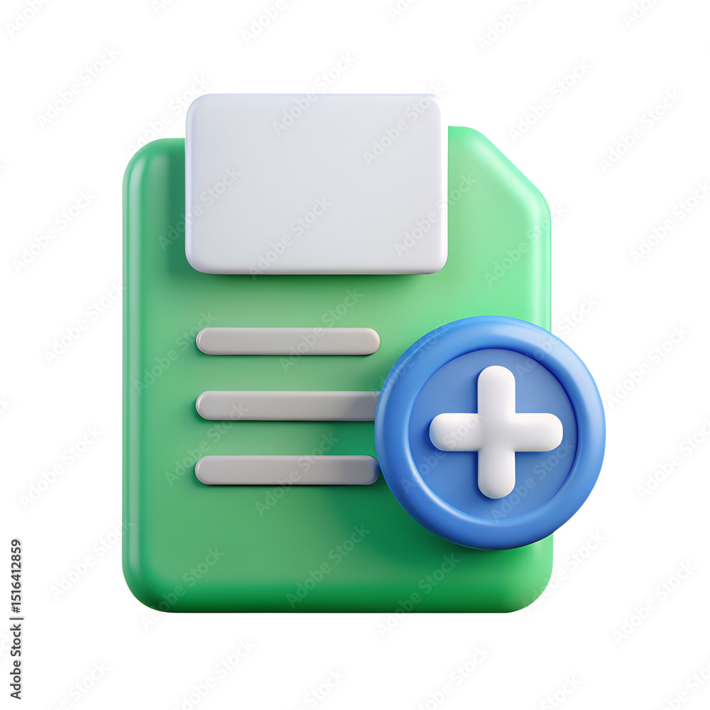 Poster modern 3d rendered plastic-style icon showcasing a document file with a plus sign for easy file mana