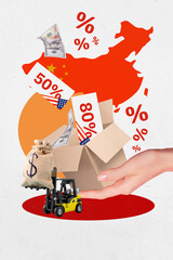 Poster trend sketch 3D photo collage of hand hold huge box percent money banknote machine trade...