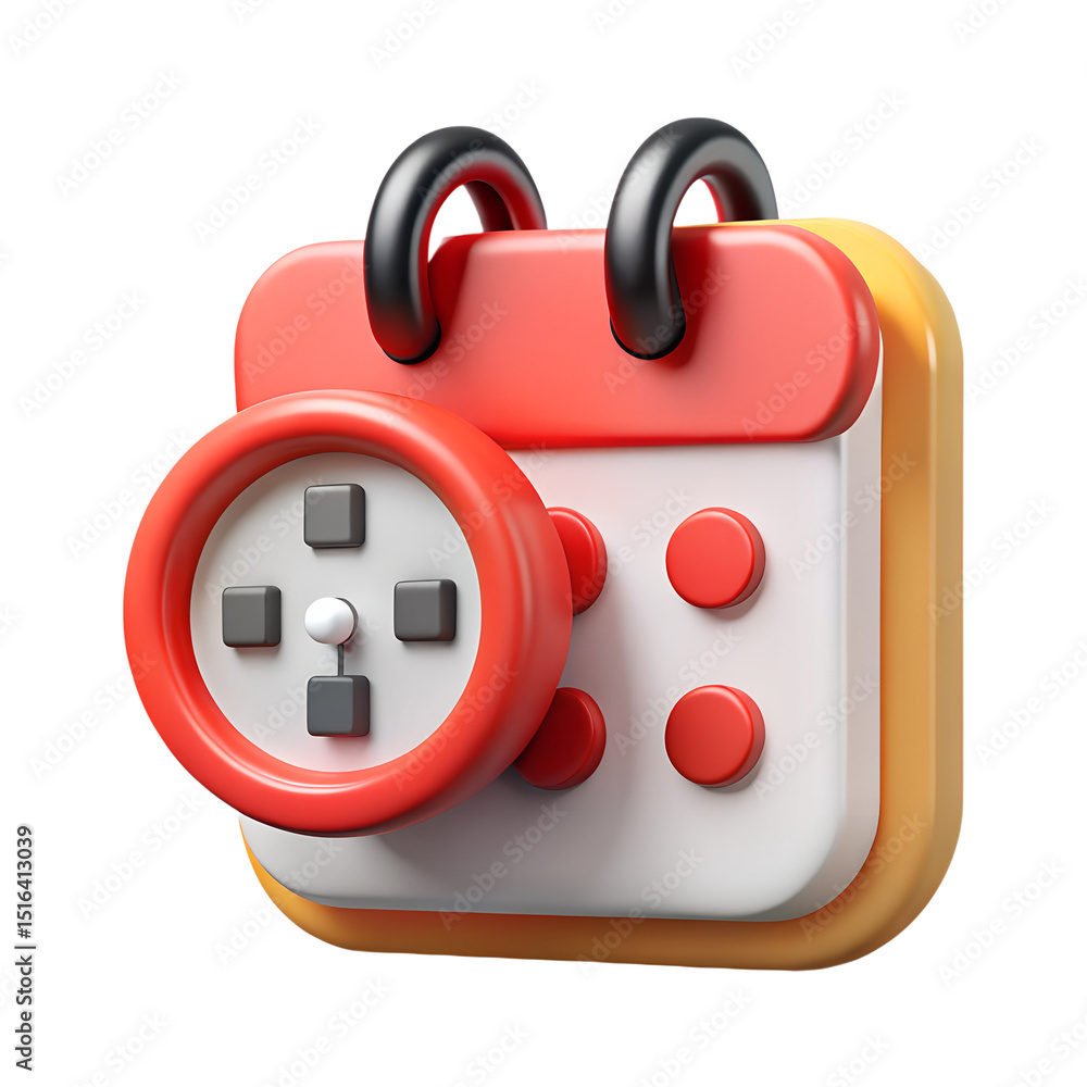 Poster modern 3d rendering of a calendar and a clock icon with red, white, and yellow colors and a unique p