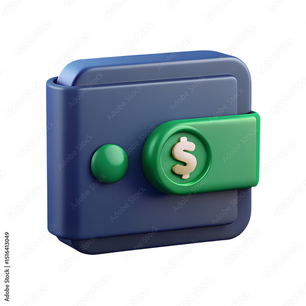 Poster modern 3d rendering of a blue and green plastic-style wallet with dollar symbol isolated on transpar