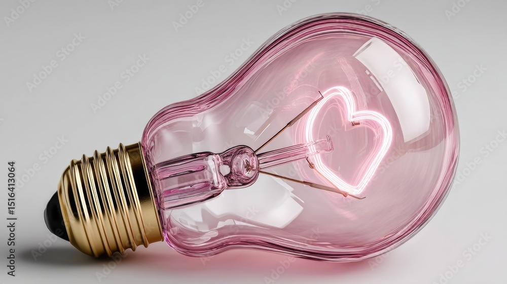 Poster heart-shaped light bulb radiating a warm pink glow against a clean white background creating an invi