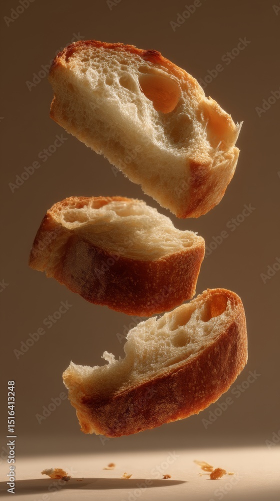 Poster Surreal Composition of Floating Sourdough Bread Slices Creating an Imaginative Culinary Art Experience Against a Minimalistic Background