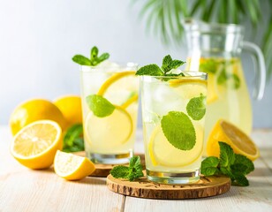 Two glasses of refreshing lemonade with mint sprigs and lemon slices sit on coasters beside a pitcher and fresh lemons, set against a tropical backdrop of palm leaves.