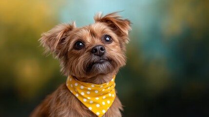 A cute dog wearing a yellow bandana poses thoughtfully, showcasing its adorable features and playful spirit against a beautiful softly blurred background.