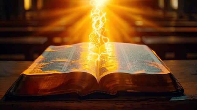 An open bible radiates divine light, symbolizing spiritual enlightenment and faith in religion.