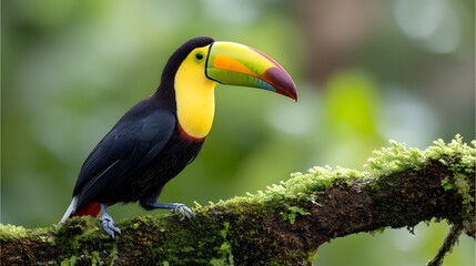 Obraz premium Vibrant toucan perched on mossy tree branch in lush rainforest
