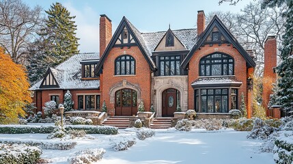 A grand brick manor adorned with winter s first snow whispering tales of warmth and heritage embodying timeless elegance